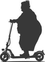 silhouette fat elderly woman riding electric scooter full body black color only vector