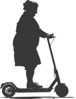 silhouette fat elderly woman riding electric scooter full body black color only vector