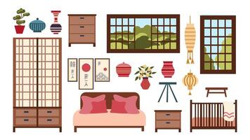 conjunto de mueble para un dormitorio con un grande cama y un cuna en asiático estilo, un colección para un oriental japonés interior, aislado en un blanco fondo, íconos en un plano estilo vector