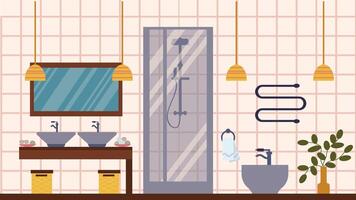 The interior of a modern bathroom with a bidet and a Japanese-style shower cabin. The illustration is in a flat style. vector