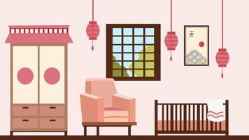 The interior of a modern cozy children's room, made in Japanese style. The illustration is made in a flat style. vector