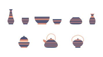 Set of striped dishes in oriental style for interior decoration. Vintage Japanese vases, a set of bowls. Colored flat graphic vector