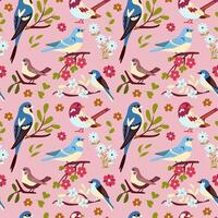 Seamless patterns with spring flowers and birds on a plain background in a flat retro style. For the design of gift packaging for spring holidays, elegant wallpapers and interior decor. vector