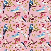 Seamless patterns with spring flowers and birds on a plain background in a flat retro style. For the design of gift packaging for spring holidays, elegant wallpapers and interior decor. vector