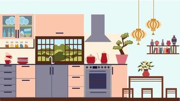 The interior of a modern kitchen with a window above the sink, made in Japanese style. The illustration is made in a flat style. vector