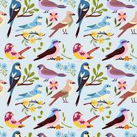 Seamless patterns with cute birds perched on branches and spring flowers, a flat retro-style background. For the design of gift packaging for spring holidays, elegant wallpapers and interior decor. vector