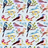 Seamless patterns with cute birds perched on branches and spring flowers, a flat retro-style background. For the design of gift packaging for spring holidays, elegant wallpapers and interior decor. vector