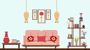 el interior de un acogedor vivo habitación con un cómodo sofá decorado con almohadas, Estilo japones pinturas y un librero con libros. el ilustración es hecho en un plano estilo. vector