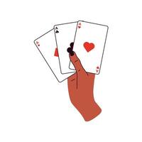 Hands holding playing cards . Gambling, betting, casino and poker concept. vector