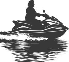 silhouette fat elderly woman riding jet ski full body black color only vector