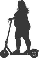 silhouette fat girl riding electric scooter full body black color only vector