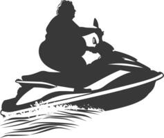 silhouette fat elderly woman riding jet ski full body black color only vector