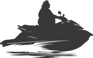 silhouette fat elderly woman riding jet ski full body black color only vector