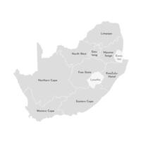 isolated illustration of simplified administrative map of South Africa. Borders and names of the provinces, regions. Grey silhouettes. White outline. vector