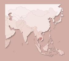 illustration with asian areas with borders of states and marked country Cambodia. Political map in brown colors with regions. Beige background vector