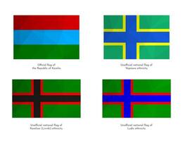 isolated set with with national Karelian and unofficial Ludian, Livviki, Veps ethnicity flags, that is russian region. Volume shadow in low poly style. White background vector