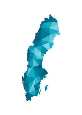 isolated illustration icon with simplified blue silhouette of Sweden map. Polygonal geometric style, triangular shapes. White background.