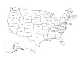 isolated illustration of simplified administrative map of USA, United States of America. Borders of the states, regions. White silhouettes, black outline vector