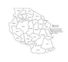 isolated illustration of simplified administrative map of Tanzania. Borders and names of the regions. Black line silhouettes. vector