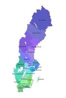 isolated illustration of simplified administrative map of Sweden. Borders and names of the regions. Multi colored silhouettes. vector