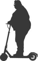 silhouette fat man riding electric scooter full body black color only vector