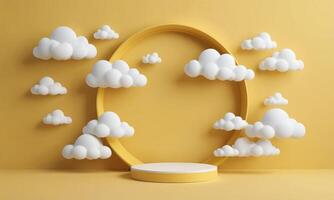 3d render yellow background with white clouds flying in front of circle shape photo
