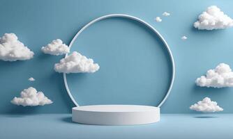 3d render blue background with white clouds flying in front of circle shape photo