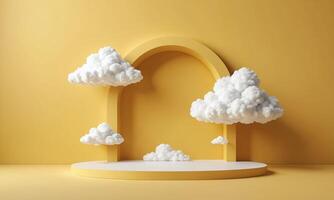 3d render yellow background with white clouds flying in front of circle shape photo