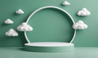 3d render green background with white clouds flying in front of circle shape photo