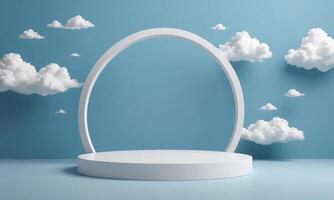 3d render blue background with white clouds flying in front of circle shape photo