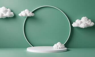 3d render green background with white clouds flying in front of circle shape photo