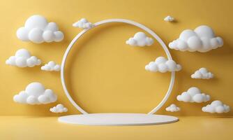 3d render yellow background with white clouds flying in front of circle shape photo