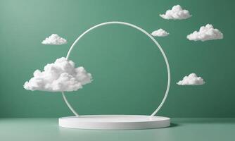 3d render green background with white clouds flying in front of circle shape photo
