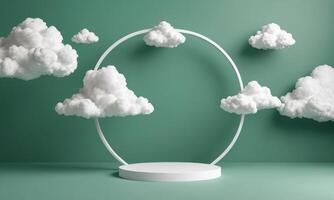 3d render green background with white clouds flying in front of circle shape photo