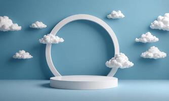 3d render blue background with white clouds flying in front of circle shape photo