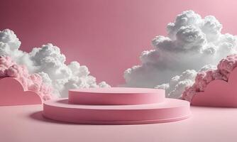 Pink Plinth stage with Clouds. Podium background for Product display photo