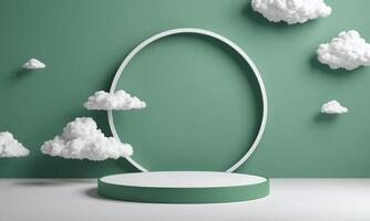 3d render green background with white clouds flying in front of circle shape photo