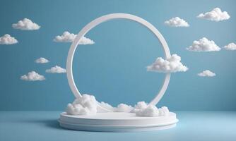 3d render blue background with white clouds flying in front of circle shape photo