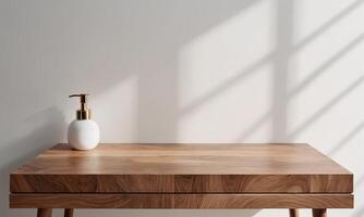 Empty natural wooden table counter podium beautiful wood grain in sunlight shadow on white wall photo