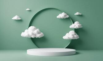 3d render green background with white clouds flying in front of circle shape photo
