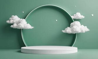 3d render green background with white clouds flying in front of circle shape photo