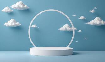 3d render blue background with white clouds flying in front of circle shape photo