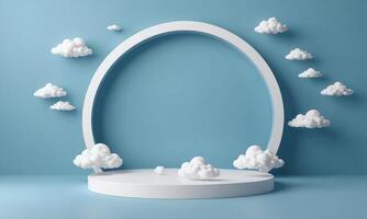 3d render blue background with white clouds flying in front of circle shape photo
