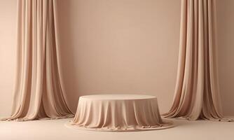 3D display podium, beige background with pedestal and flying nude color silk cloth curtain photo