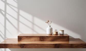 Empty natural wooden table counter podium beautiful wood grain in sunlight shadow on white wall photo