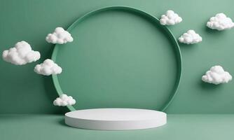 3d render green background with white clouds flying in front of circle shape photo