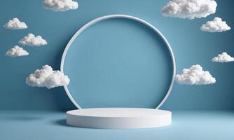 3d render blue background with white clouds flying in front of circle shape photo