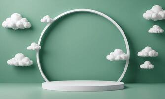 3d render green background with white clouds flying in front of circle shape photo