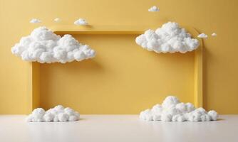 3d render yellow background with white clouds flying in front of circle shape photo