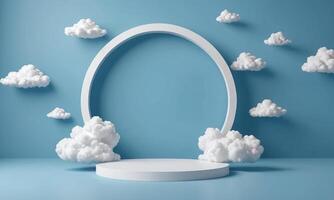 3d render blue background with white clouds flying in front of circle shape photo